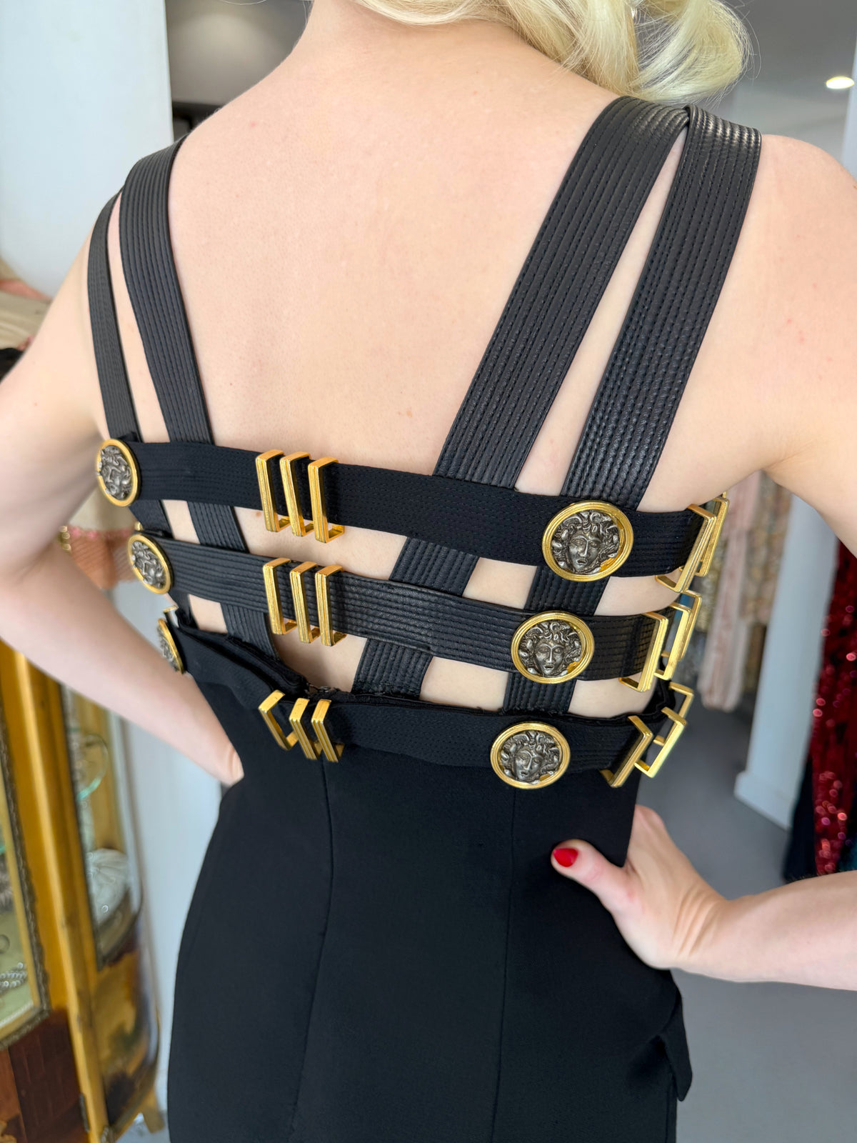 1992 Gianni Versace 'Miss S&M' Runway Collection Black Leather Bondage Wool Dress