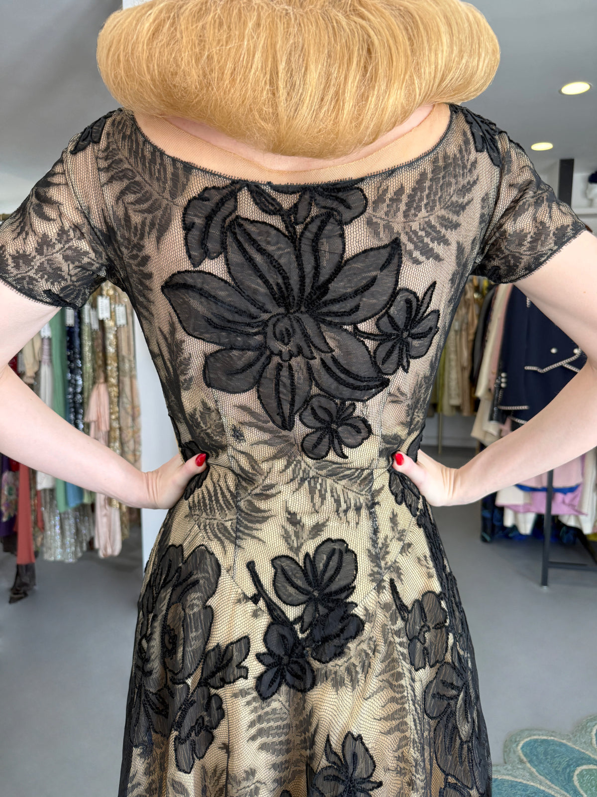 1950’s Hattie Carnegie Couture Large-Scale Black Floral Chenille Lace Full Skirted High-Low Gown