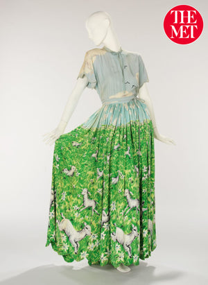 1942 Gilbert Adrian Iconic 'Gamboling Lambs' Scenic Print Scalloped Patio Dress