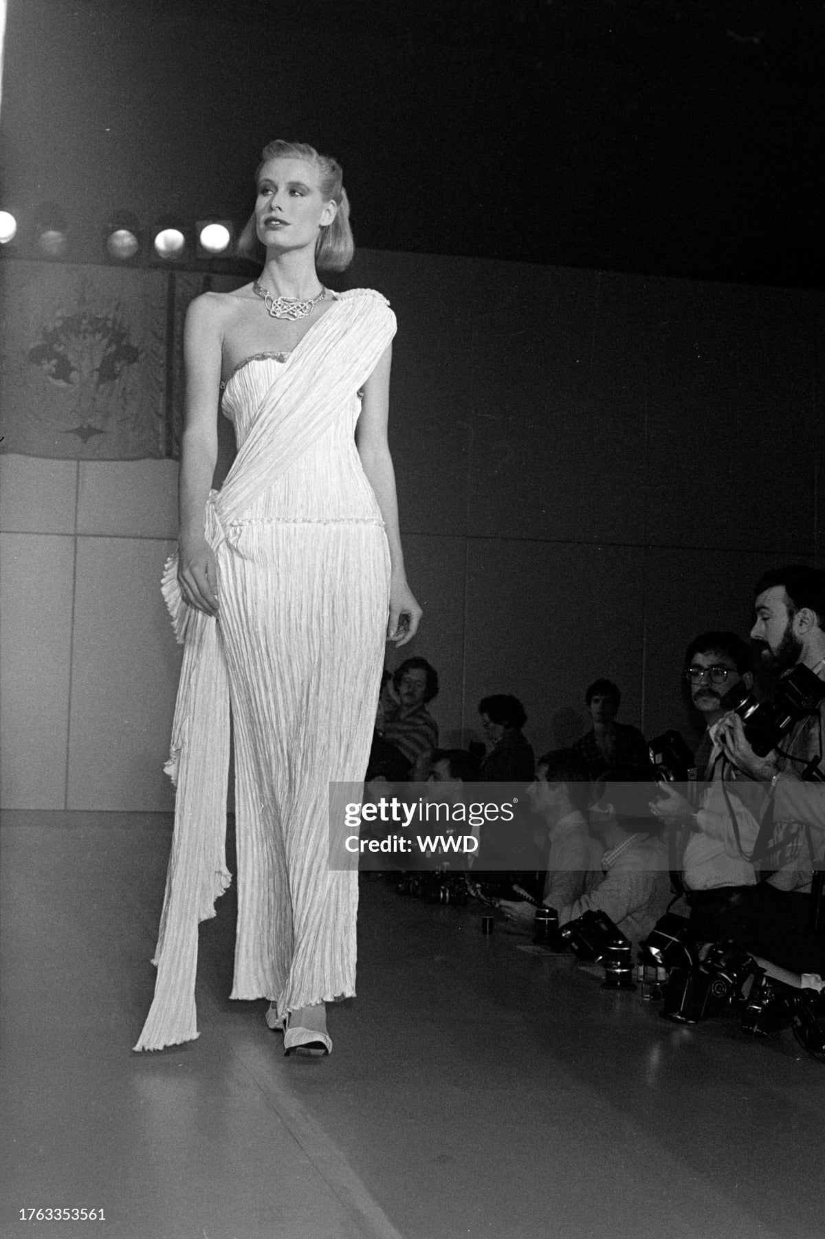 1983 Mary McFadden Ivory Heavily Pleated Asymmetric One-Shoulder Draped Goddess Gown