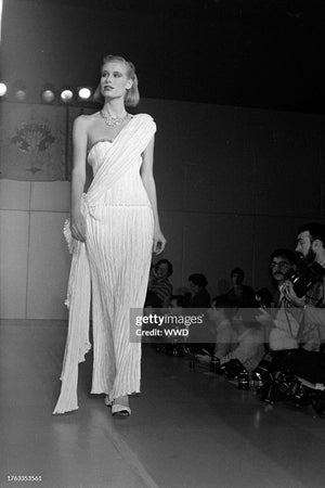 1983 Mary McFadden Ivory Heavily Pleated Asymmetric One-Shoulder Draped Goddess Gown