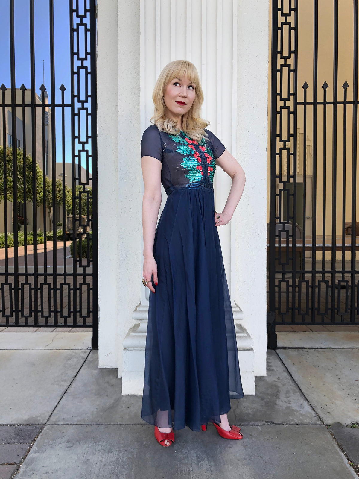 1968 Madame Grès Haute Couture Beaded Holly Berry Motif Silk Gown