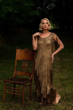 1920's Metallic Gold Lamé Lace Flapper Fringe Margot Robbie Film-Worn Dress