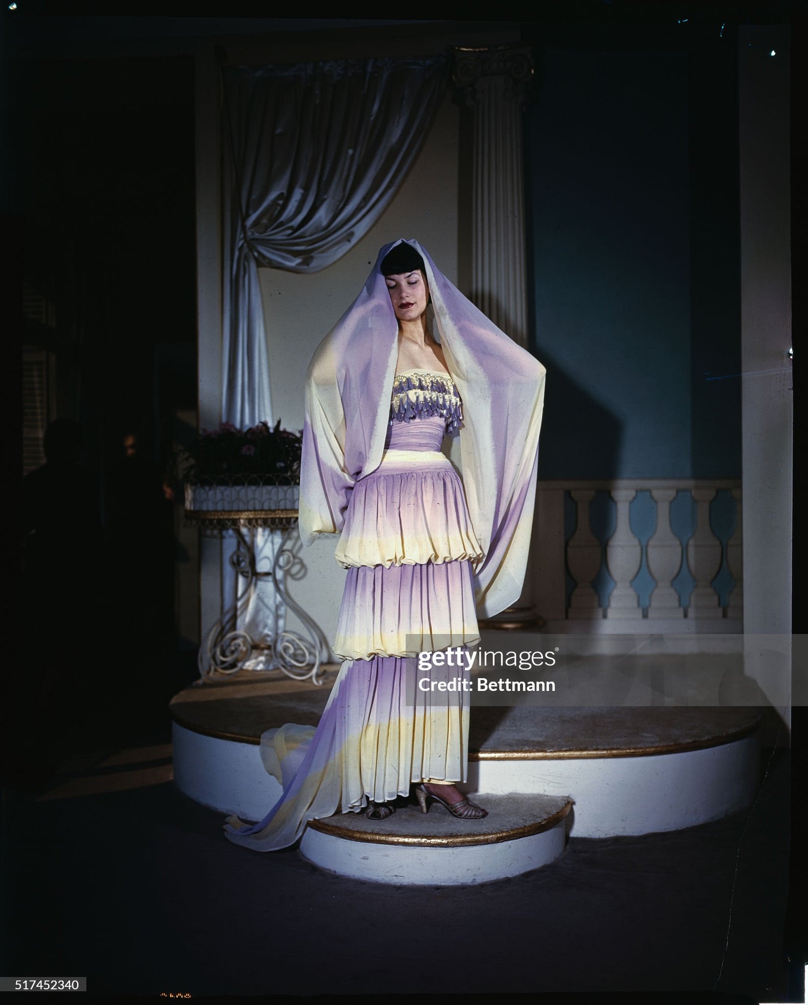 1950 Carven Haute Couture for Cécile Aubry Lilac Yellow Ombré Silk Corset Strapless Hooded Gown