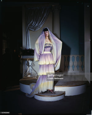 1950 Carven Haute Couture for Cécile Aubry Lilac Yellow Ombré Silk Corset Strapless Hooded Gown