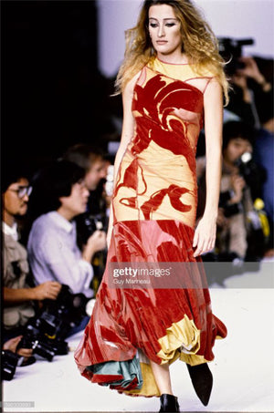 1991 John Galliano Documented Runway Red Flocked Velvet Asymmetric Bias-Cut Gown