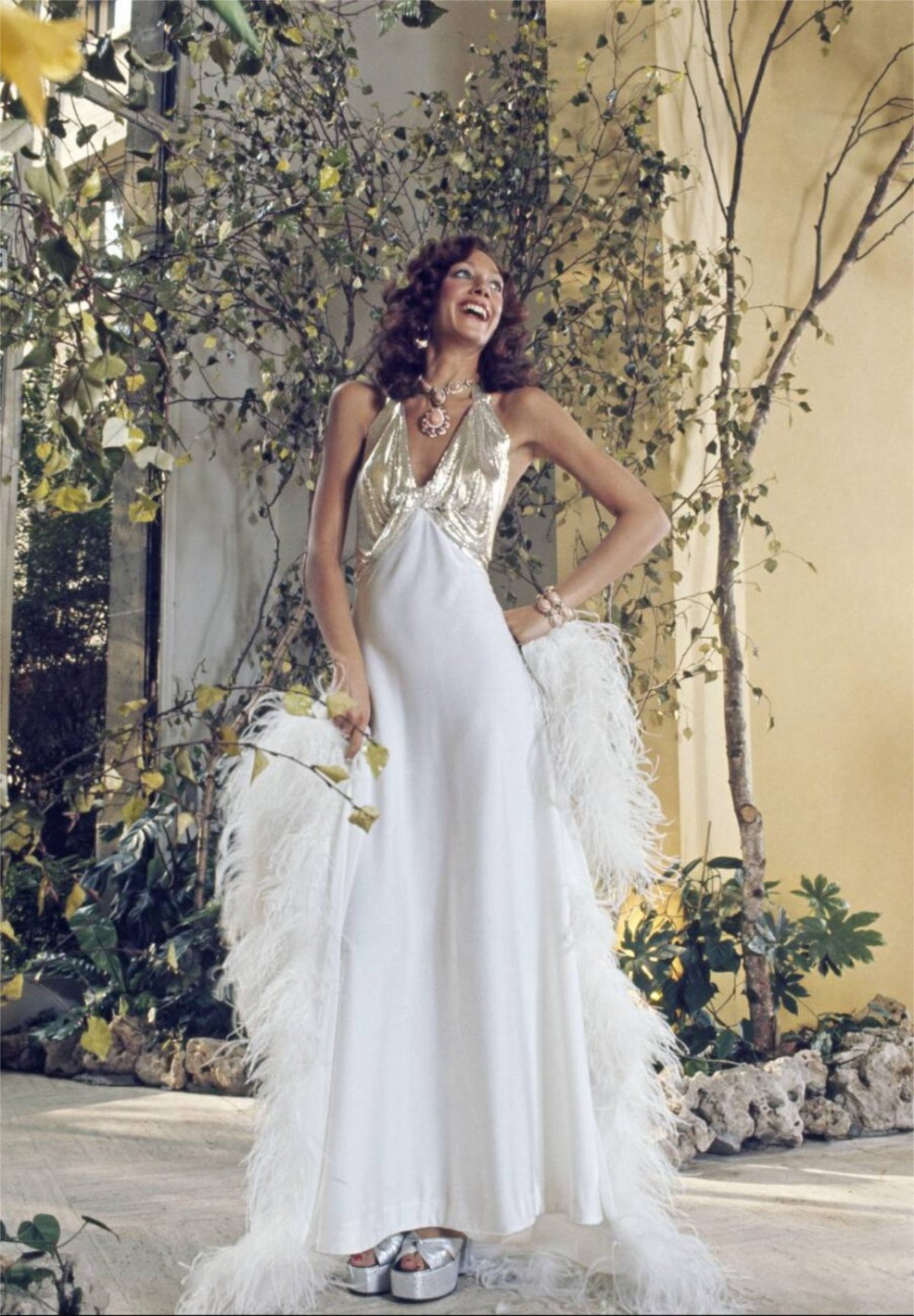 1972 Loris Azzaro Couture Ivory Silk-Jersey &amp; Gold Metal Mesh Backless Gown w/ Cape