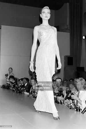 1983 Mary McFadden Ivory Heavily Pleated Asymmetric One-Shoulder Draped Goddess Gown