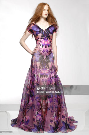 2010 Alexander McQueen Orchid Print Silk Jacquard & Tulle Asymmetric Bustle Gown