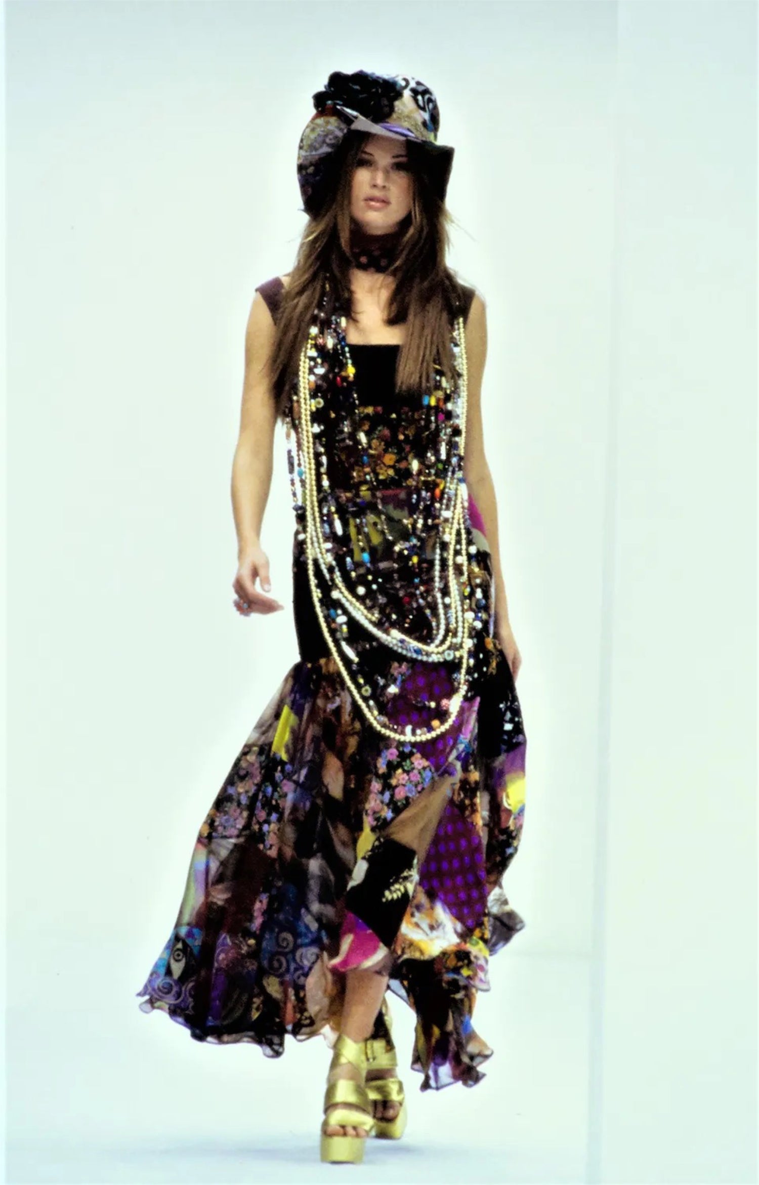 1993 Dolce & Gabbana Documented Colorful Patchwork Silk Hourglass Flounce Gown