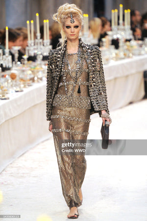 2012 Chanel by Karl Lagerfeld Runway Crystal Beaded Sheer Silver & Gold Lace Dress