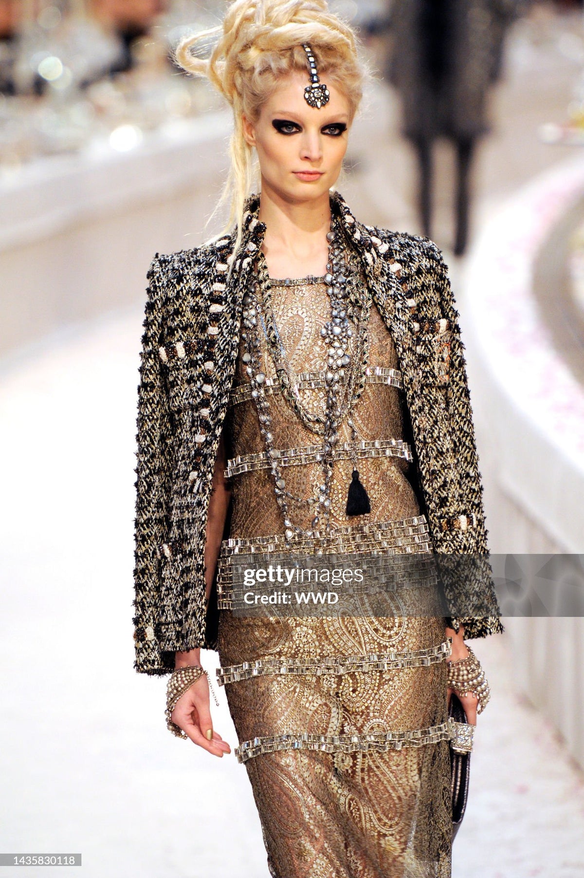 2012 Chanel by Karl Lagerfeld Runway Crystal Beaded Sheer Silver &amp; Gold Lace Dress