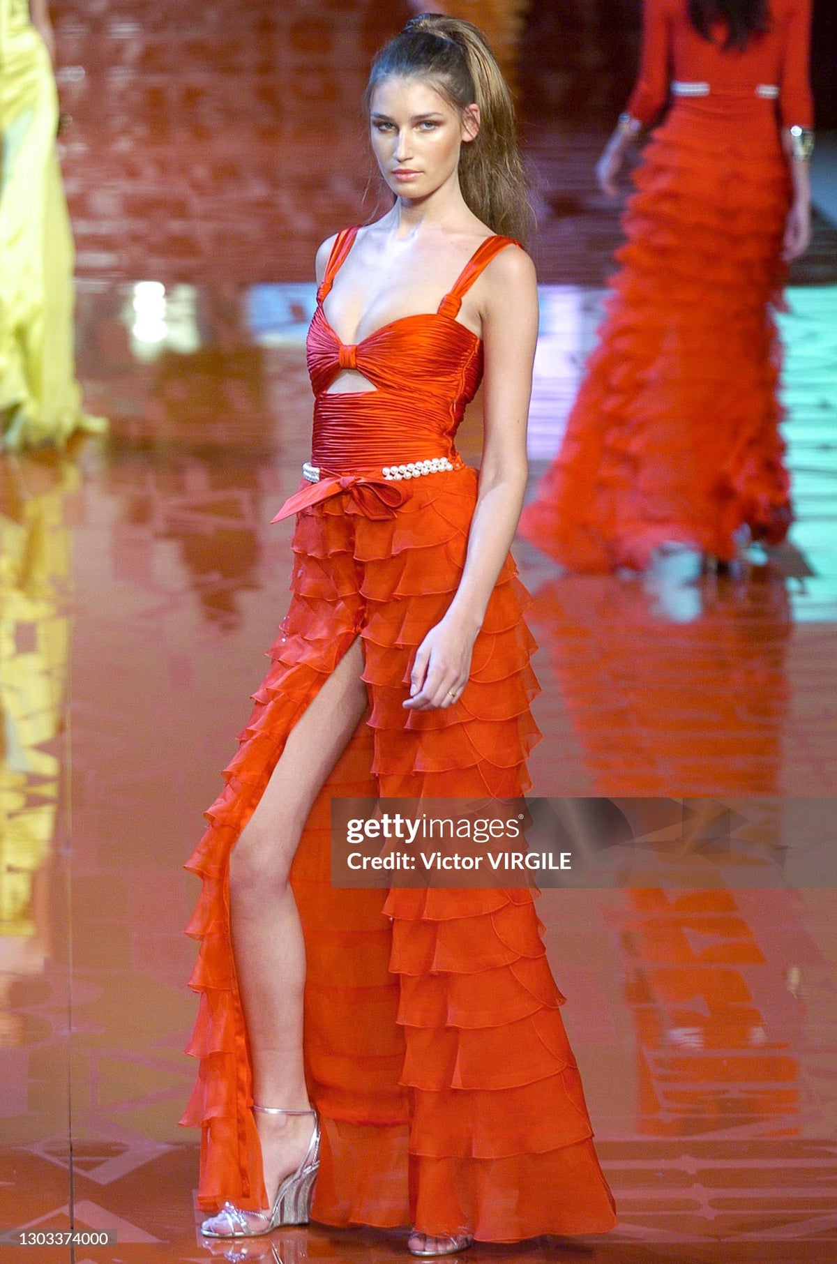 2005 Valentino Runway Iconic Red Ruched Silk Cut-Out Tiered Ruffle Gown