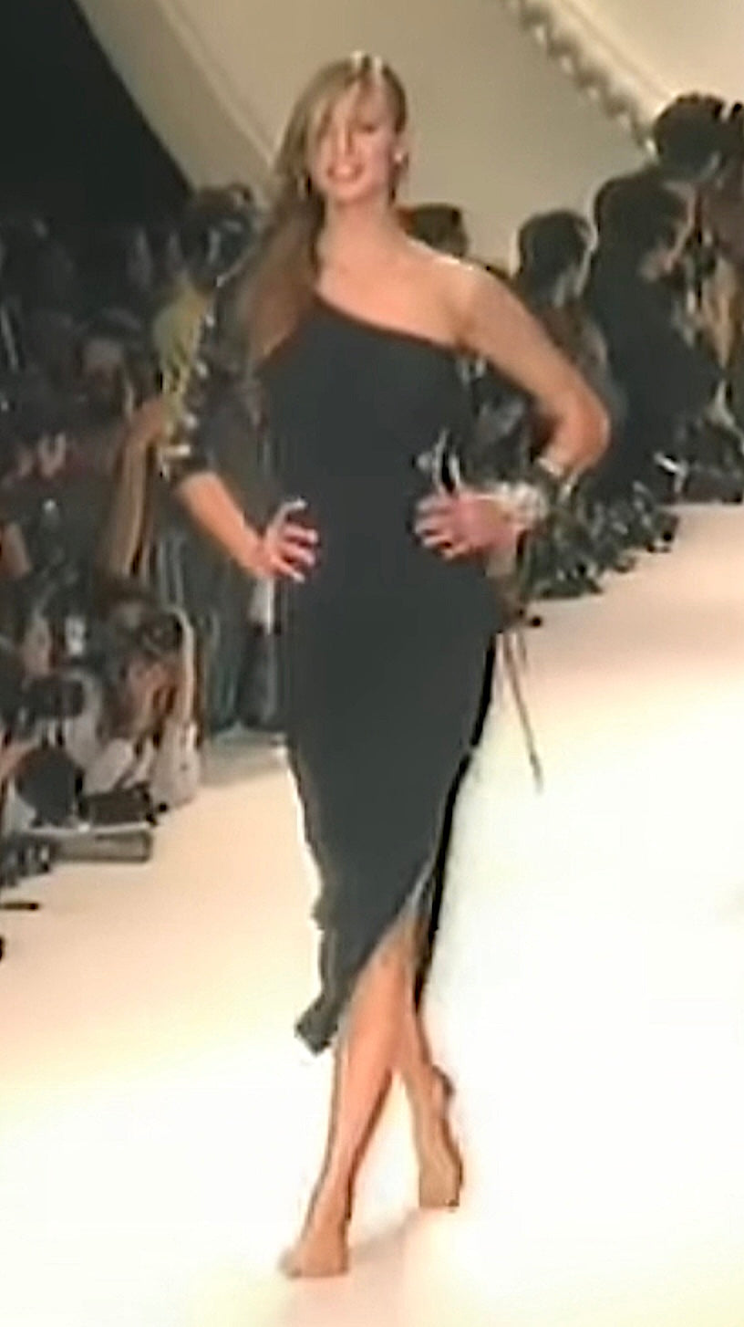1994 Christian Dior Runway Metallic Embroidered Black Stretch Silk One-Sleeve Hourglass Dress