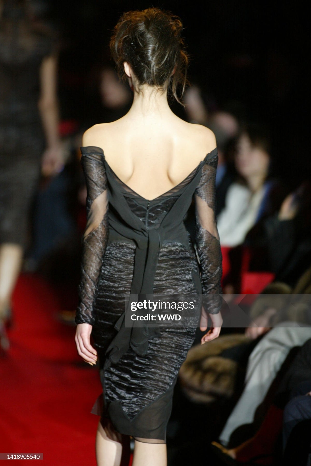 2004 Tom Ford for Yves Saint Laurent Runway Sheer Black Boned Off-Shoulder Hourglass Dress