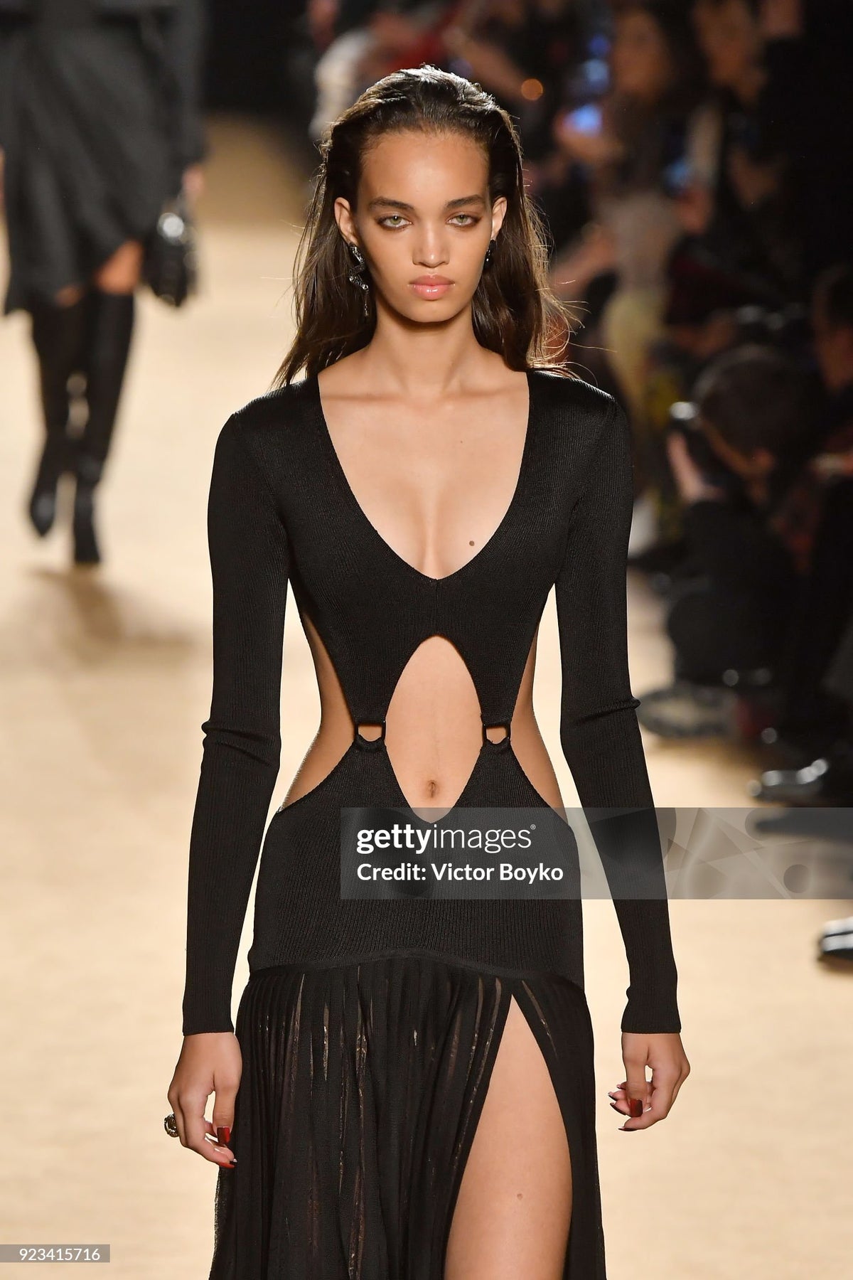 2018 Roberto Cavalli Runway Black Stretch Knit Long Sleeve Cut-Out High Slit Maxi Dress