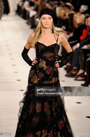 2010 Ralph Lauren Runway Metallic Floral Silk & Black Sheer Tulle Hourglass Mermaid Gown
