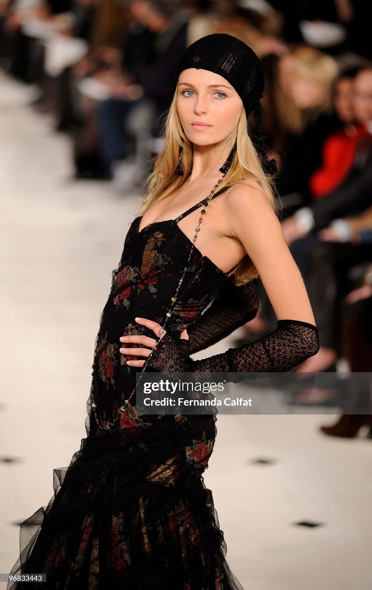 2010 Ralph Lauren Runway Metallic Floral Silk & Black Sheer Tulle Hourglass Mermaid Gown