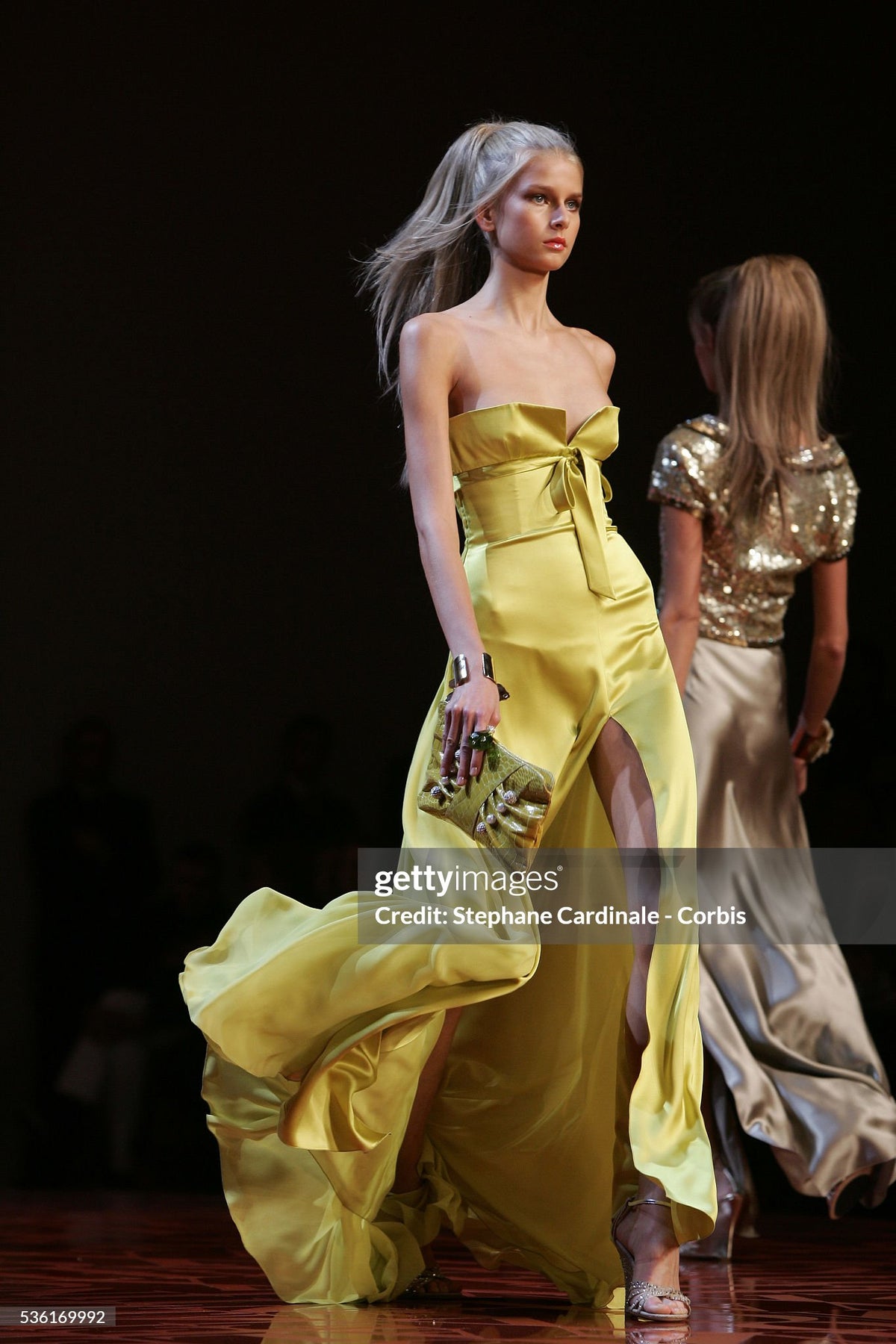 2005 Valentino Runway Chartreuse Yellow Silk Shelf-Bust Bustier High Slit Gown