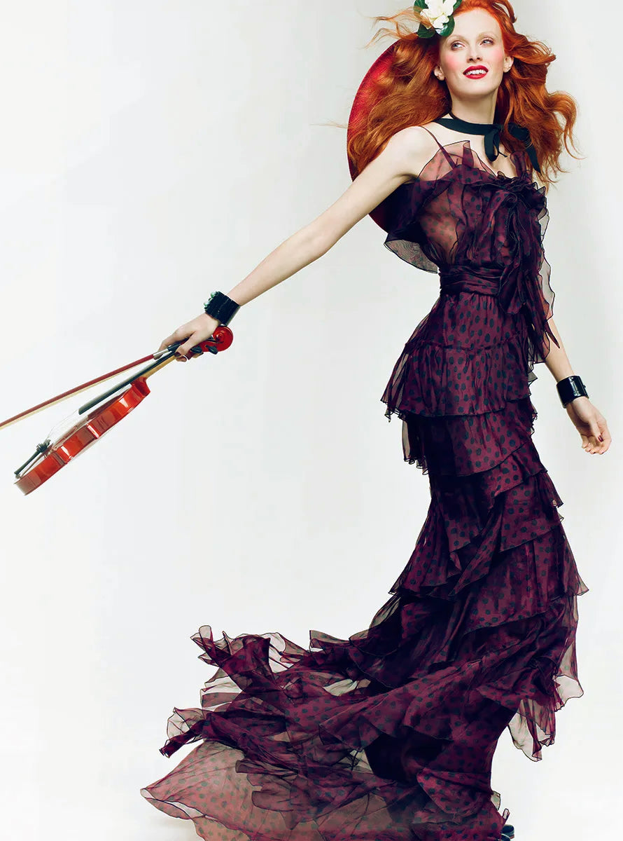2011 Nina Ricci Editorial Burgundy & Black Polka-Dot Silk Tiered Ruffle Trained Gown w/ Tags