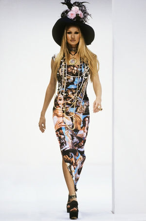 1993 Dolce & Gabbana Iconic Runway 'Birth of Venus' Collage Print High-Slit Hourglass Dress