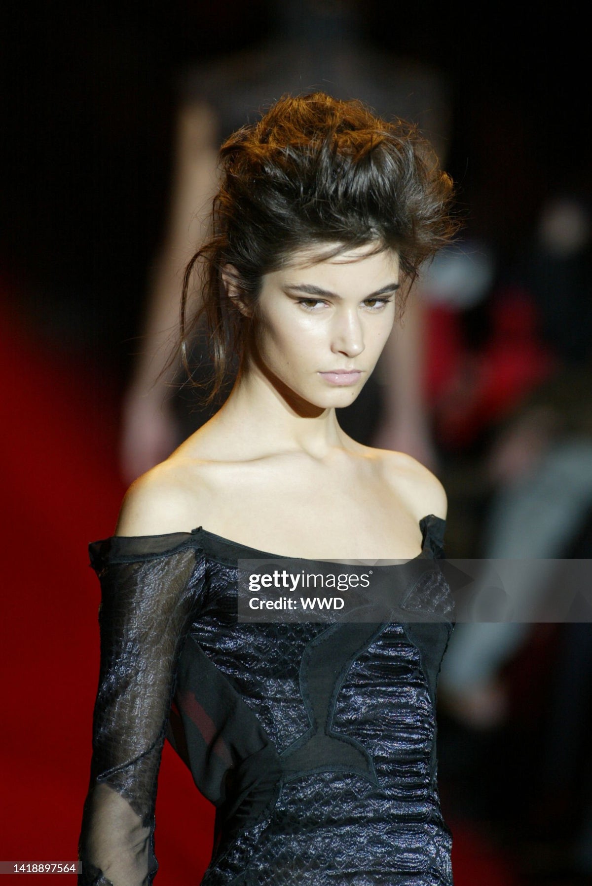 2004 Tom Ford for Yves Saint Laurent Runway Sheer Black Boned Off-Shoulder Hourglass Dress