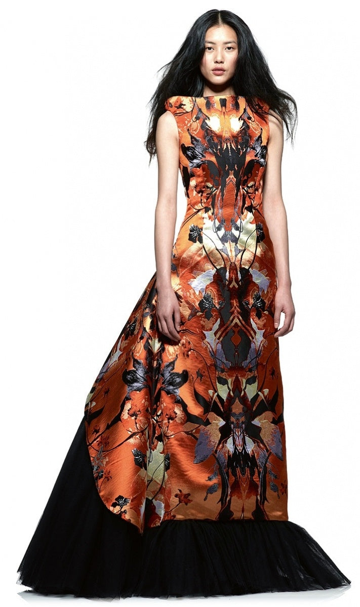 2010 Alexander McQueen Orchid Print Silk Jacquard & Tulle Asymmetric Bustle Gown