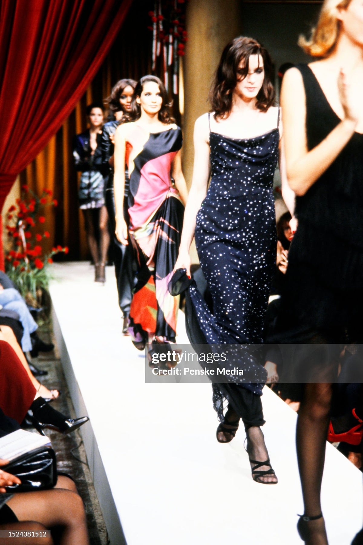 1998 Moschino Runway Navy Blue Sheer Silk Chiffon Star Motif Rhinestone Maxi Slip Dress