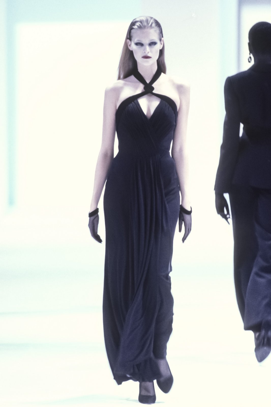 1998 Thierry Mugler Runway Black Silk-Jersey &amp; Velvet Bustier Cut-Out Halter Gown