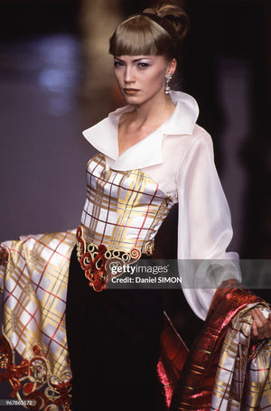 1995 Christian Dior by Gianfranco Ferré Runway Plaid Silk Metallic-Corded Hourglass Gown