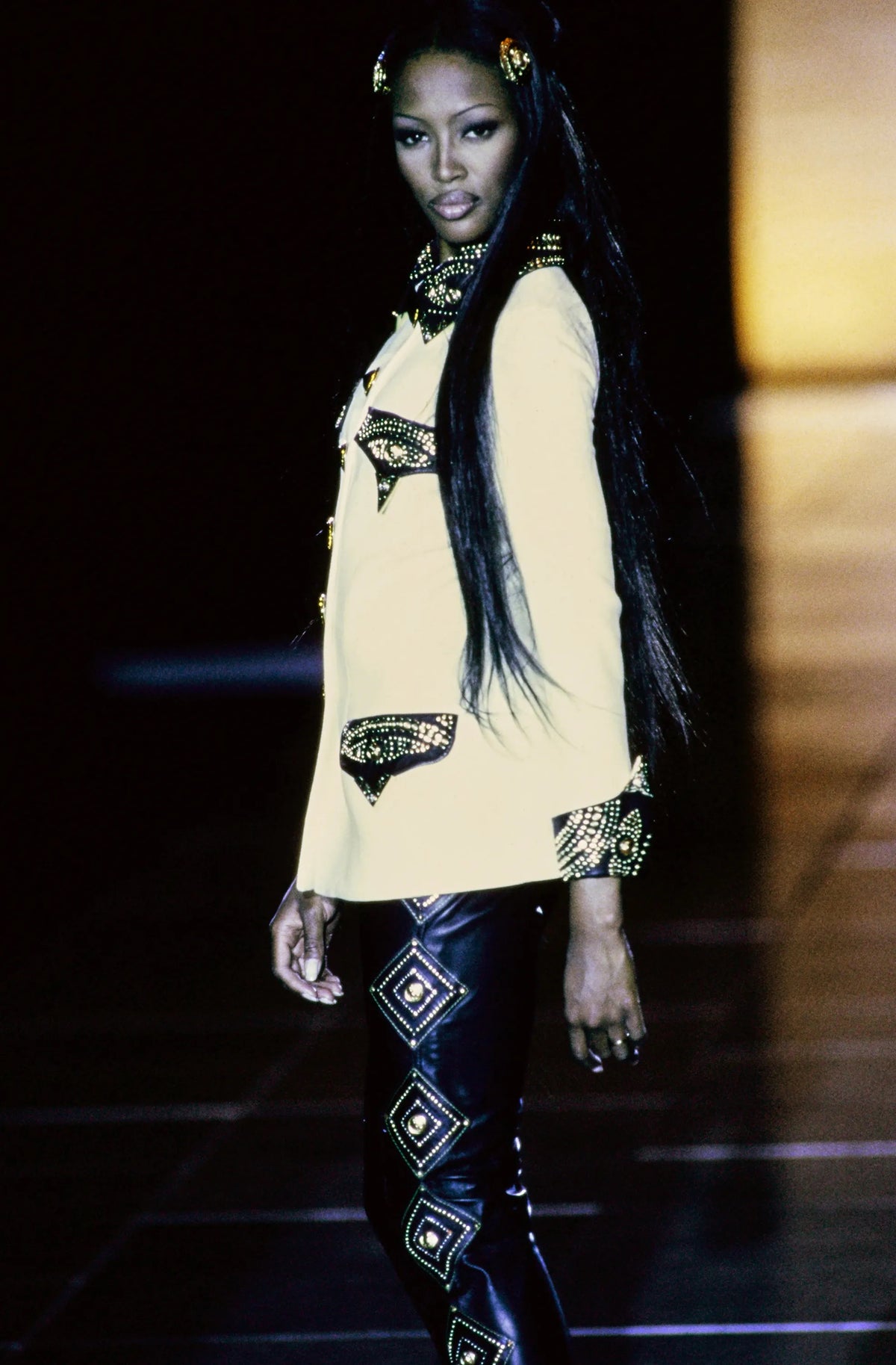 1992 Gianni Versace 'Miss S & M' Runway Collection Ivory Wool Studded Leather Editorial Jacket