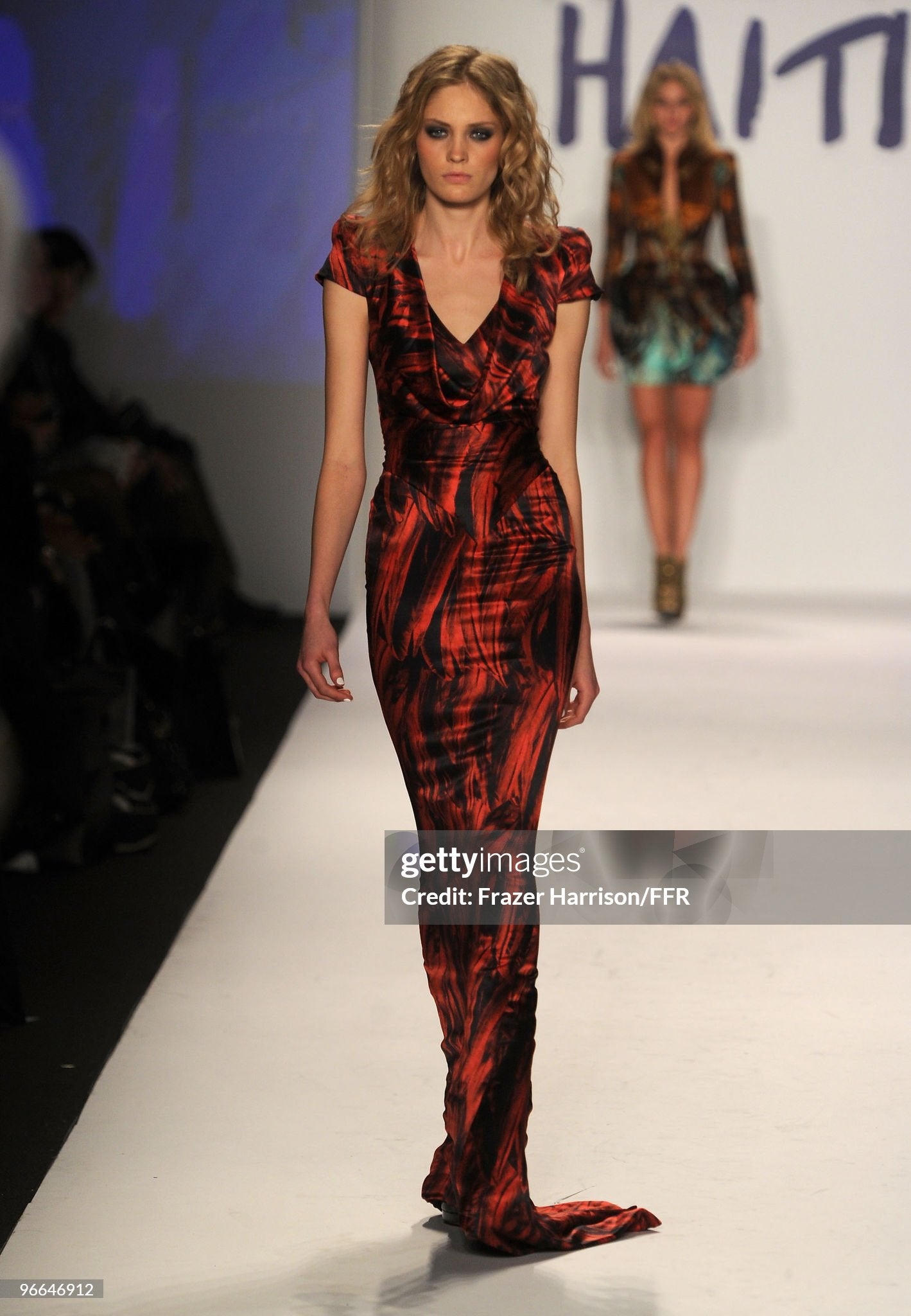 2009 Alexander McQueen Lifetime Red & Black Feather Print Silk Hourglass Gown