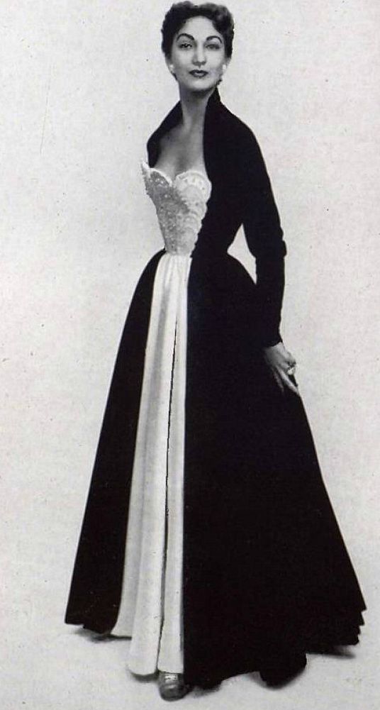 1952 Nina Ricci Haute Couture Documented Ivory Beaded Satin & Black Velvet Gown 1952 Nina Ricci Haute Couture Documented Ivory Beaded Satin & Black Velvet Gown