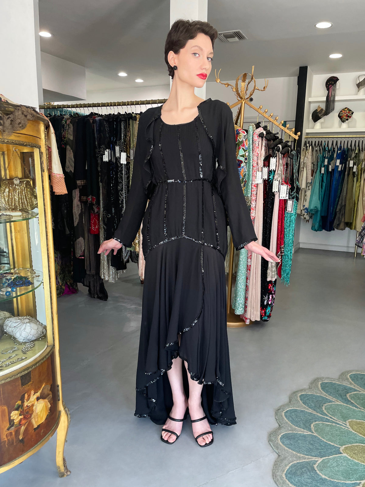 1983 Chanel by Karl Lagerfeld Sequin Pleated Black Silk Crepe High-Low Gown w/ Matching Jacket