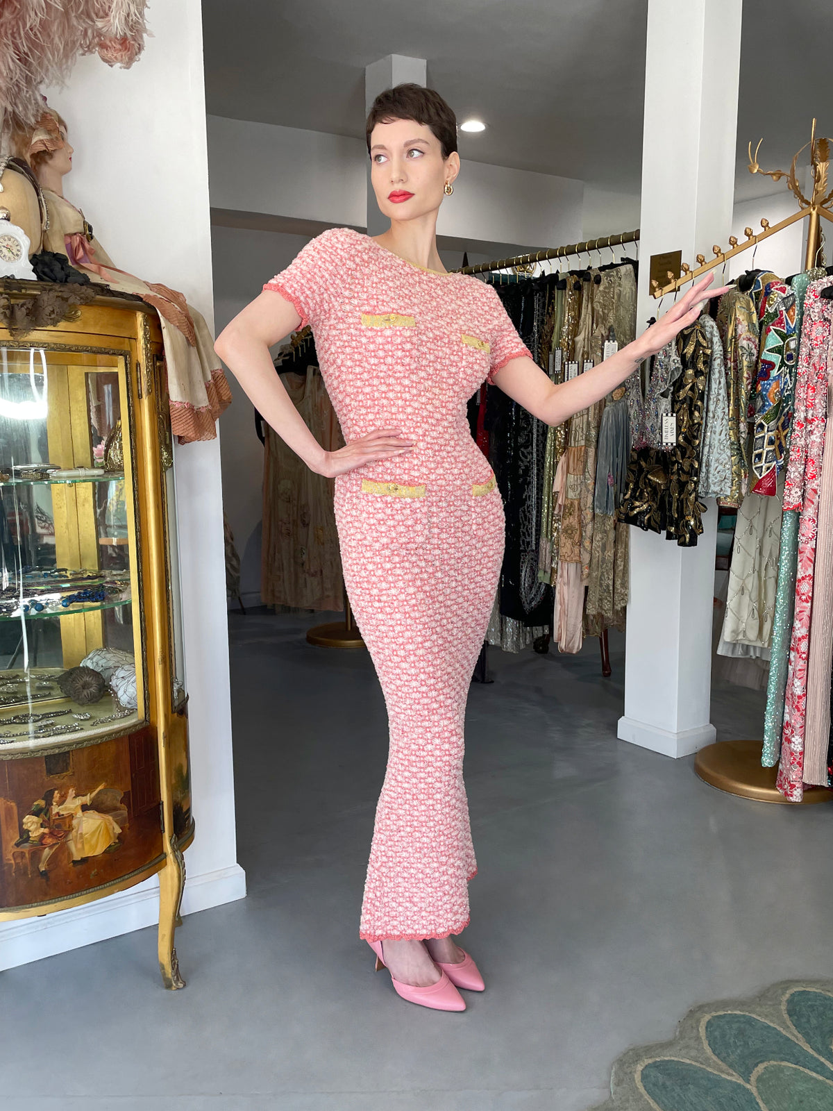 1997 Chanel by Karl Lagerfeld Runway Metallic Pink Stretch Knit Maxi Dress