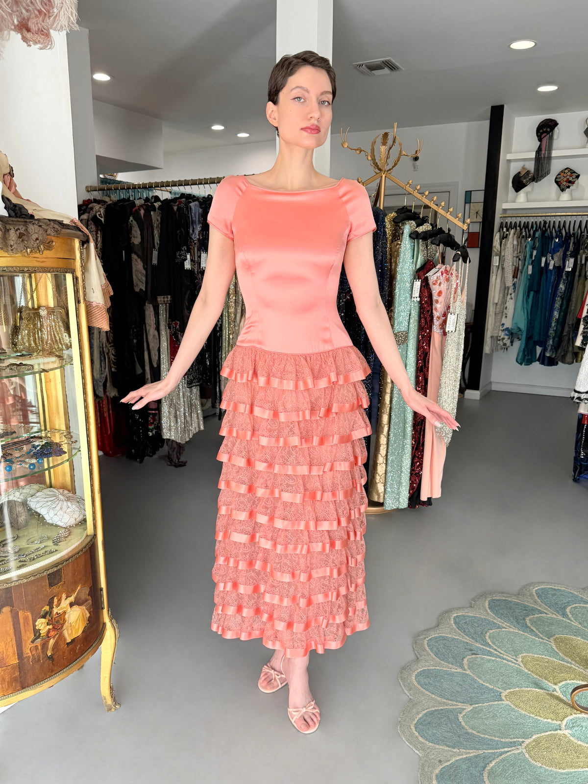 1993 Valentino Runway Blush Pink Silk &amp; Sheer Chantilly-Lace Tiered Ruffle Maxi Dress