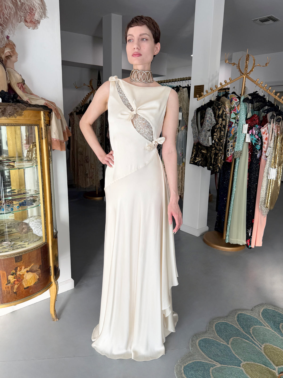 2002 Valentino Candlelight Silk Beaded Sequin Cut Out Ties Draped Bias-Cut Gown