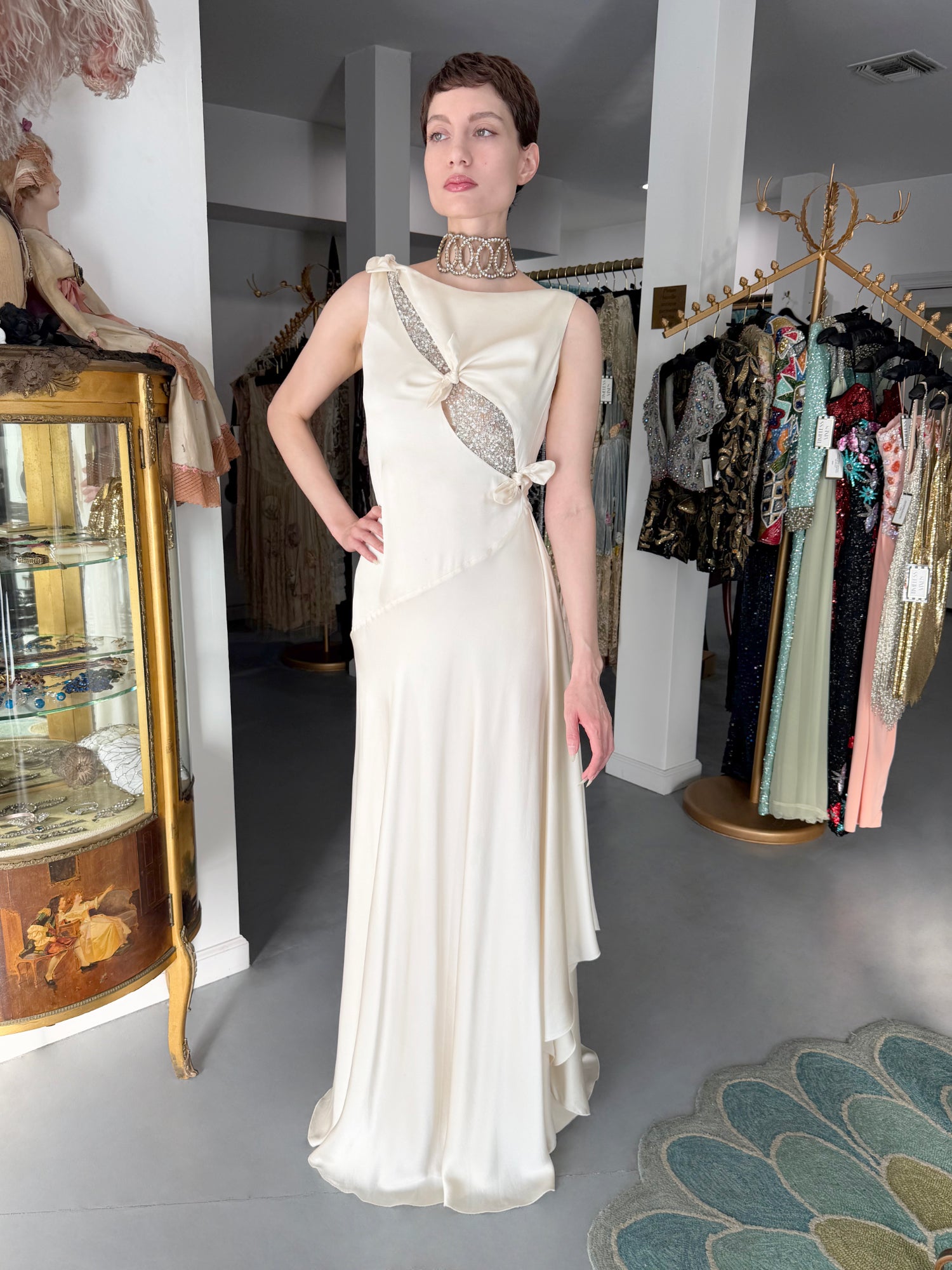 2002 Valentino Ivory Silk Beaded Sequin Cut Out Ties Bias-Cut Gown
