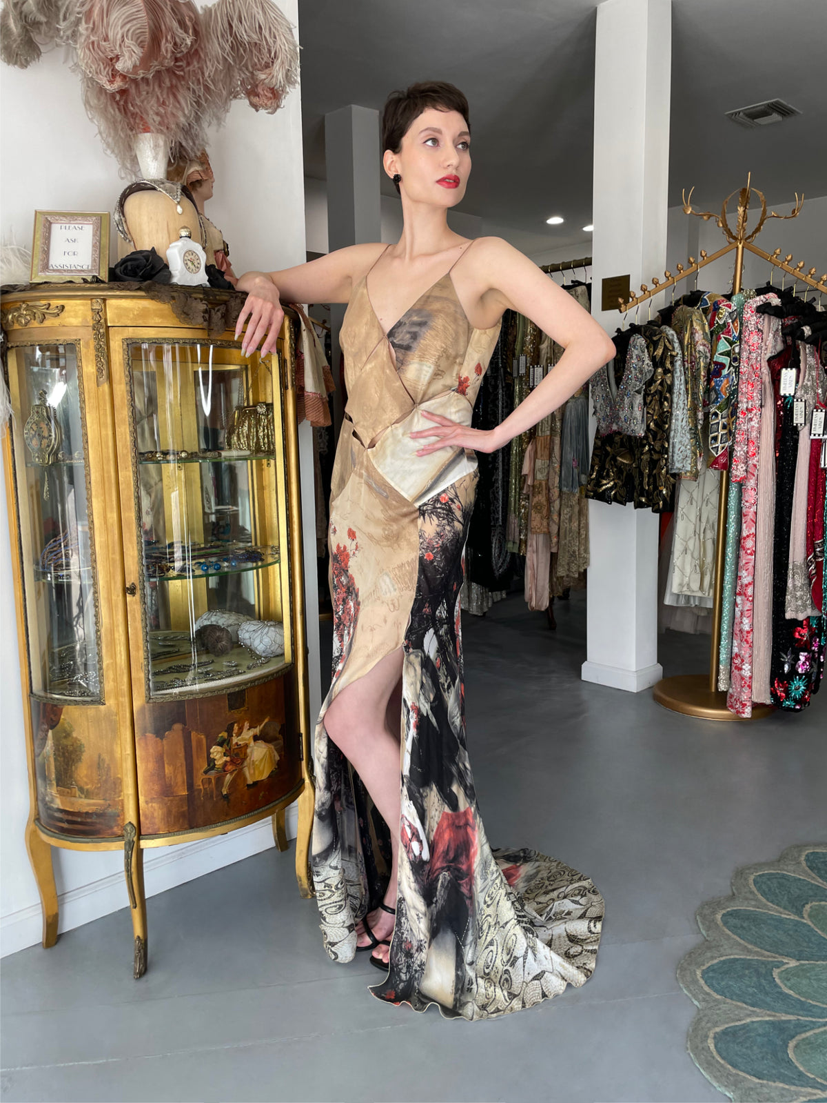 2004 Roberto Cavalli Runway Look 27 Metallic Silk &#39;Lady Print&#39; Cut-Out Gown