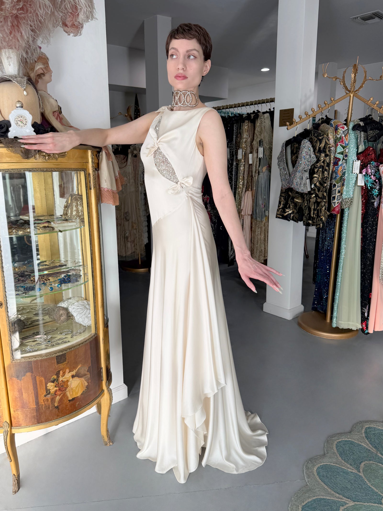 2002 Valentino Ivory Silk Beaded Sequin Cut Out Ties Bias-Cut Gown 2002 Valentino Ivory Silk Beaded Sequin Cut Out Ties Bias-Cut Gown