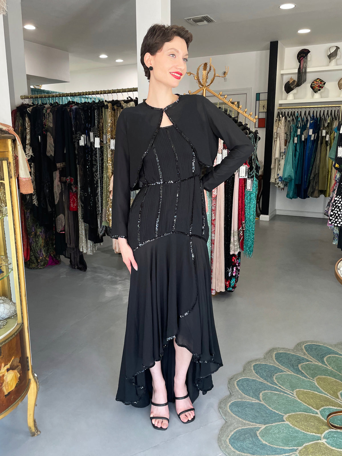 1983 Chanel by Karl Lagerfeld Sequin Pleated Black Silk Crepe High-Low Gown w/ Matching Jacket