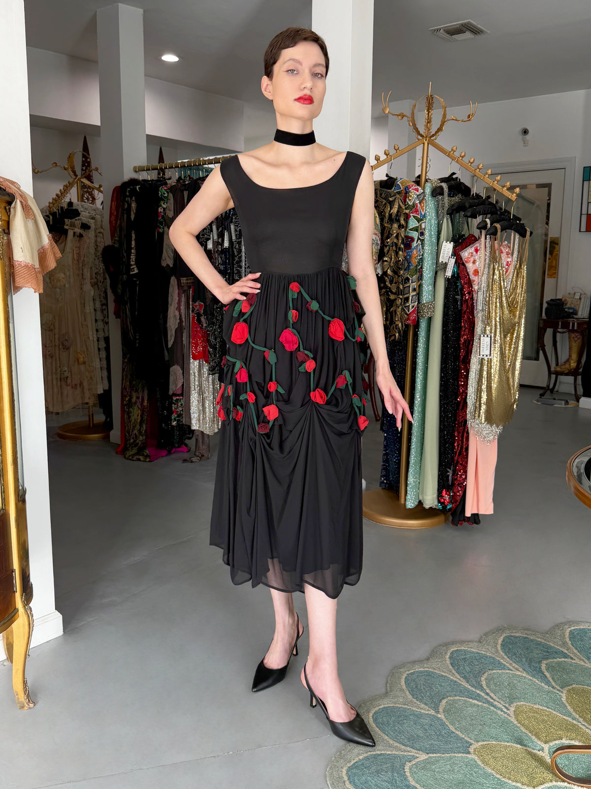 1990 Dolce &amp; Gabbana Black Silk Chiffon Red-Roses Floral Appliqué Dress