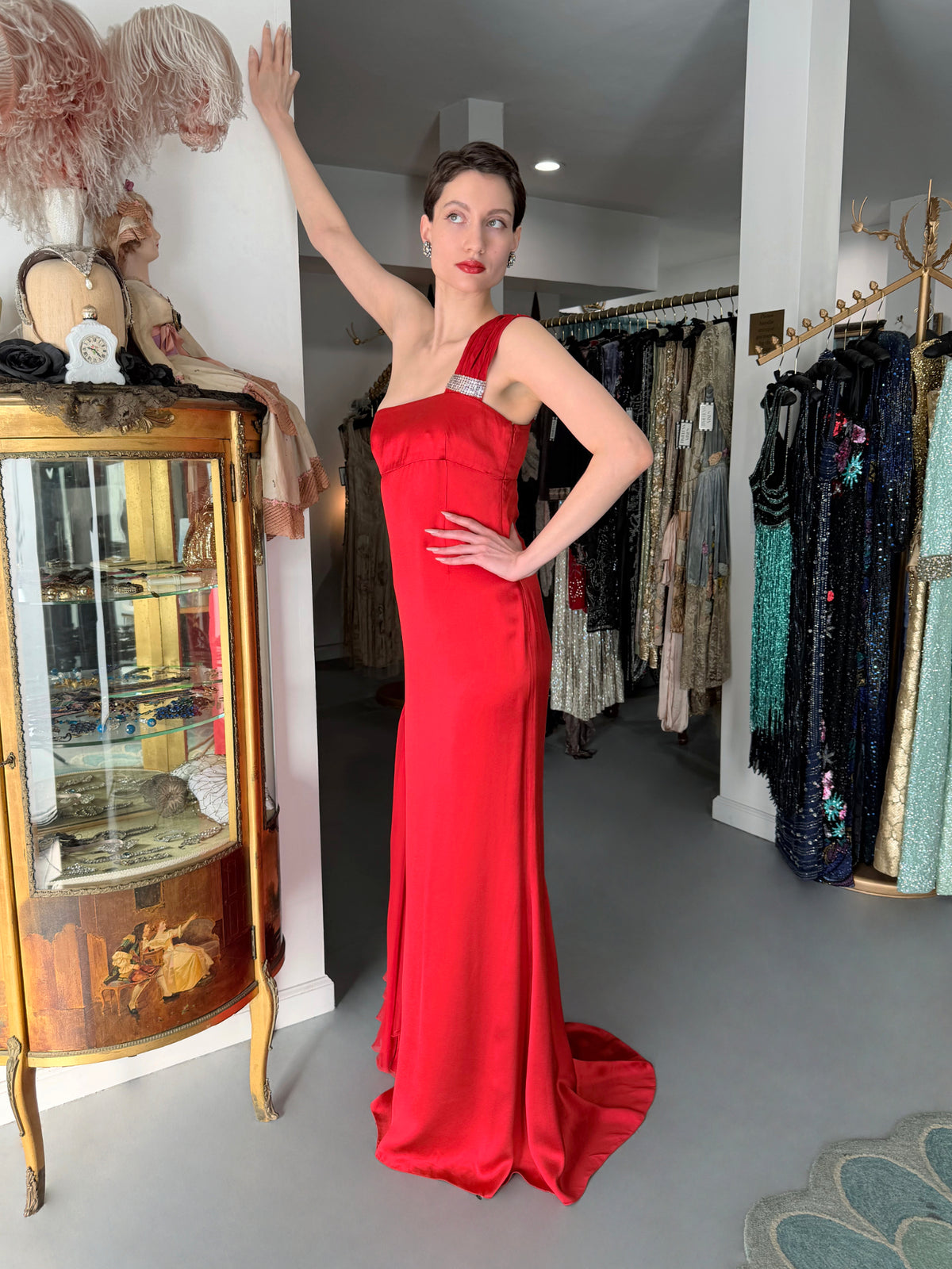 2008 Valentino Ruby Red Sequin Silk Asymmetric One-Shoulder Draped Sash Gown w/Tags