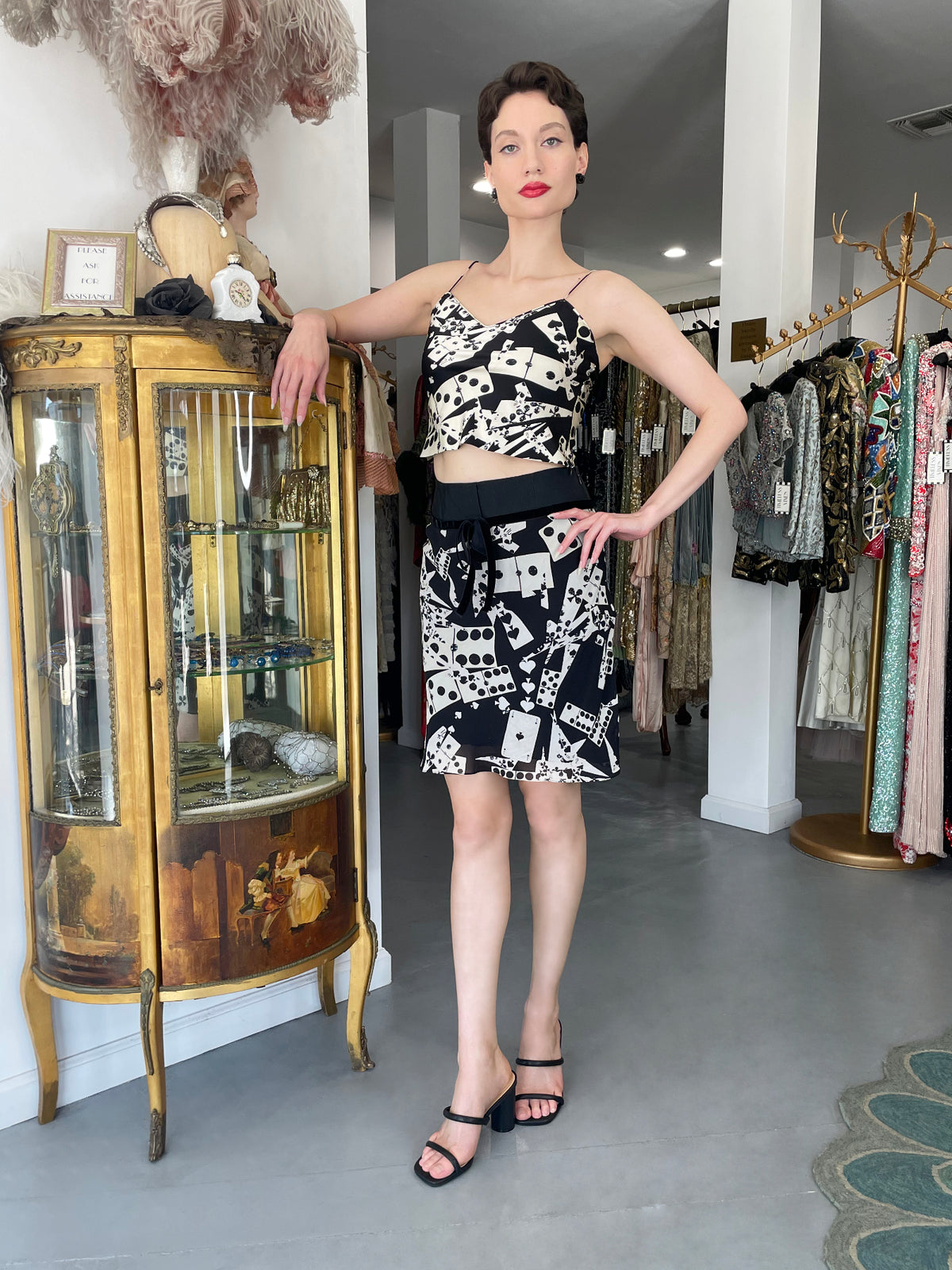 2001 Christian Dior by John Galliano &#39;Playing Cards&#39; Print Silk Cropped Camisole &amp; Skirt