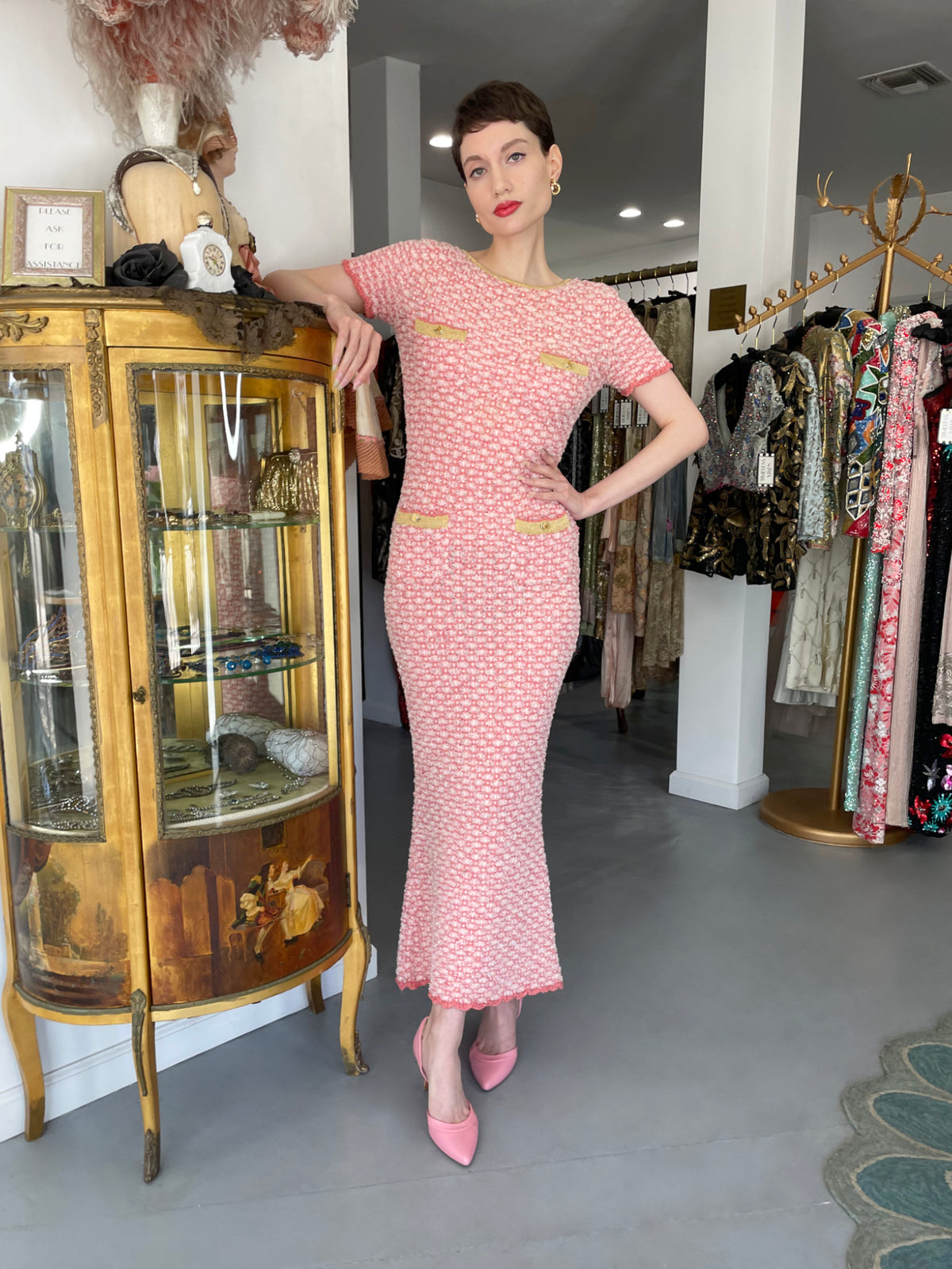 1997 Chanel by Karl Lagerfeld Runway Metallic Pink Stretch Knit Maxi Dress