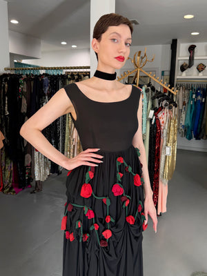 1990 Dolce & Gabbana Black Silk Chiffon Red-Roses Floral Appliqué Dress