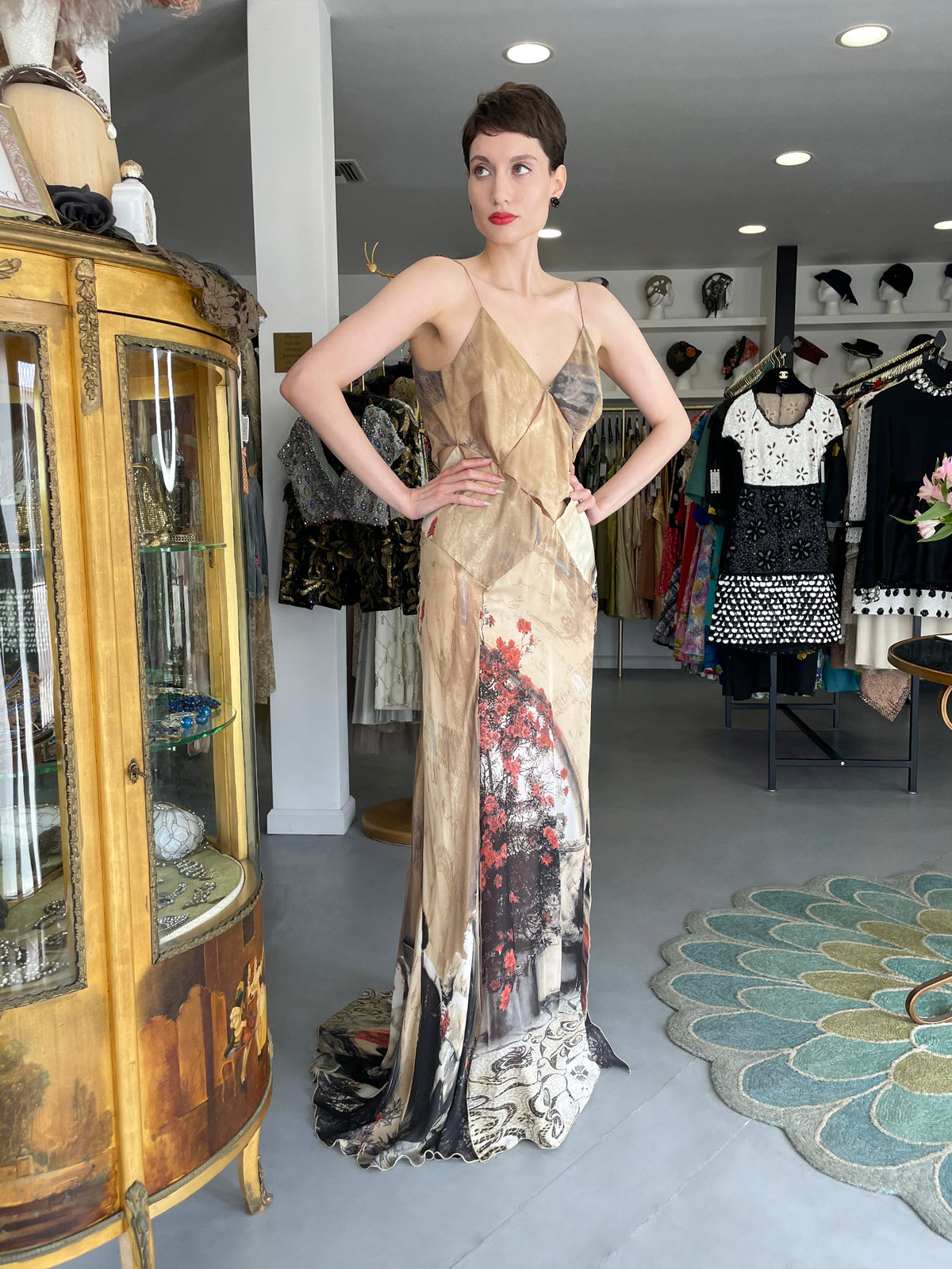 2004 Roberto Cavalli Runway Look 27 Metallic Silk &#39;Lady Print&#39; Cut-Out Gown