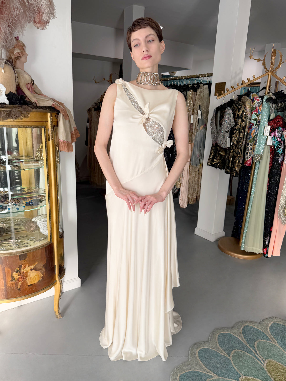 2002 Valentino Candlelight Silk Beaded Sequin Cut Out Ties Draped Bias-Cut Gown