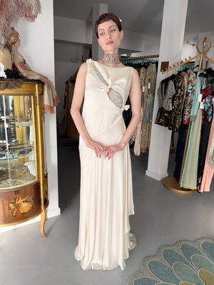 2002 Valentino Candlelight Silk Beaded Sequin Cut Out Ties Draped Bias-Cut Gown