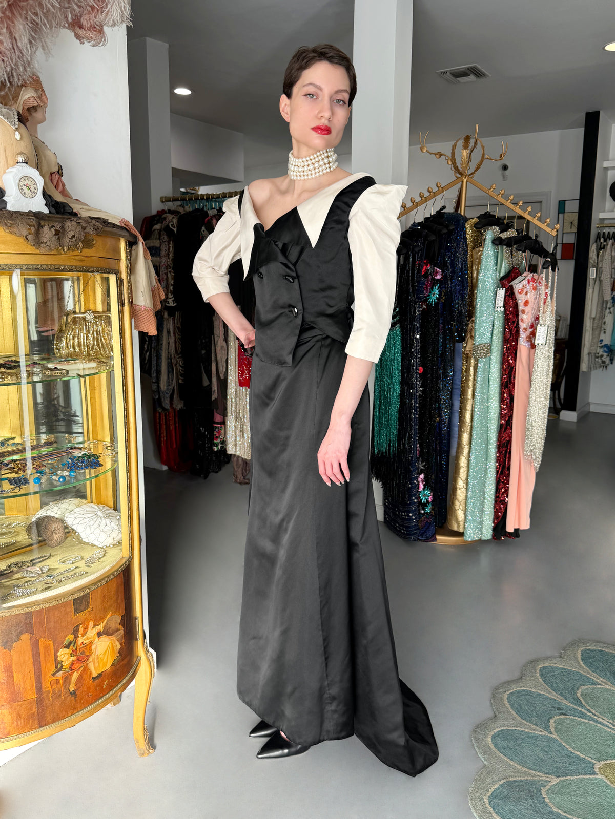 1999 Vivienne Westwood 'La Belle Helene' Collection Silk Off-Shoulder Corset Blouse &amp; Full-Length Skirt Set